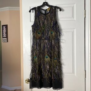 Nicole Miller black dress with peacock feathers